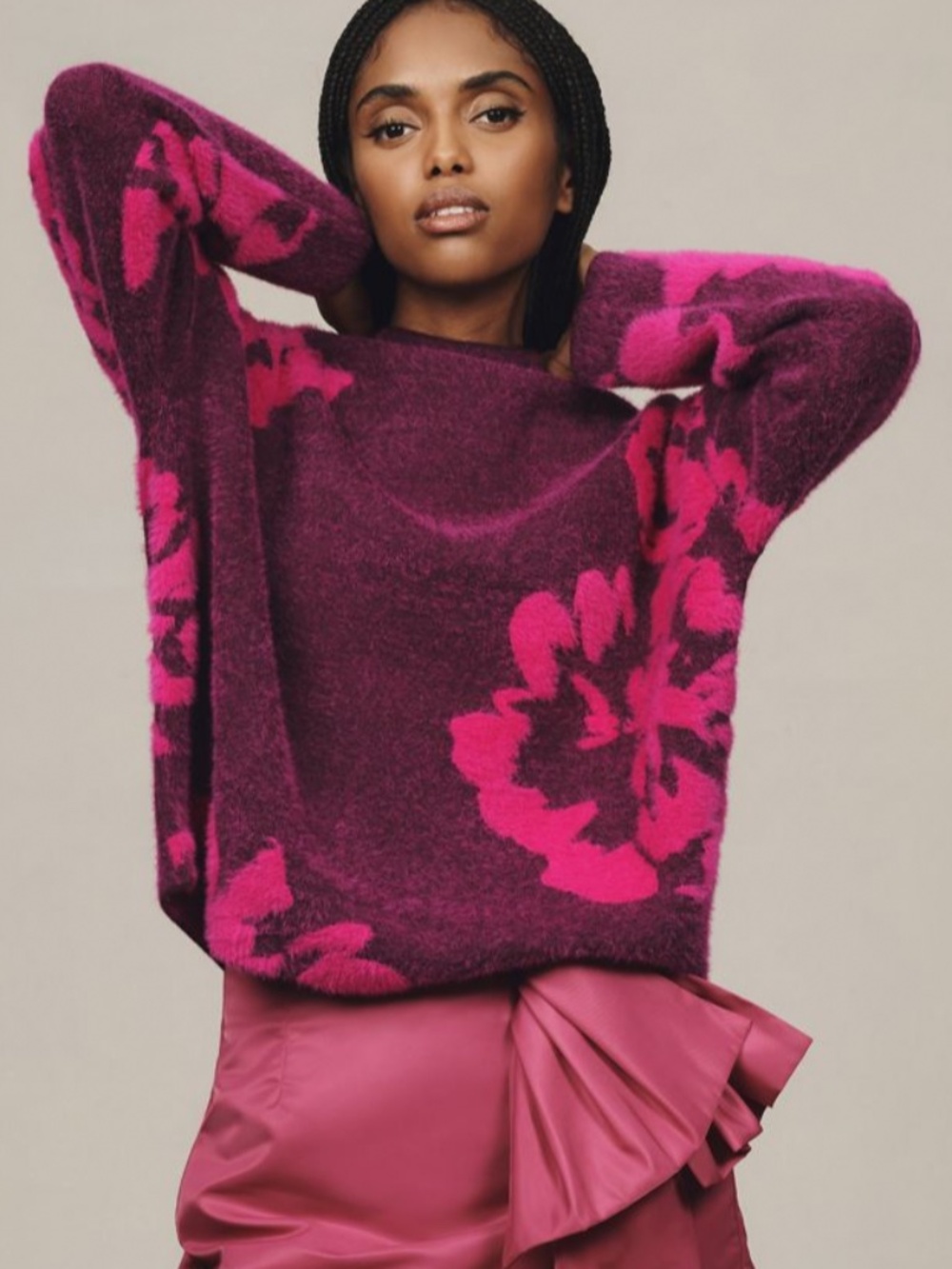 Anthropologie Mock-Neck Long Sleeve Fuzzy Floral Fuchsia Purple Sweater Size XS